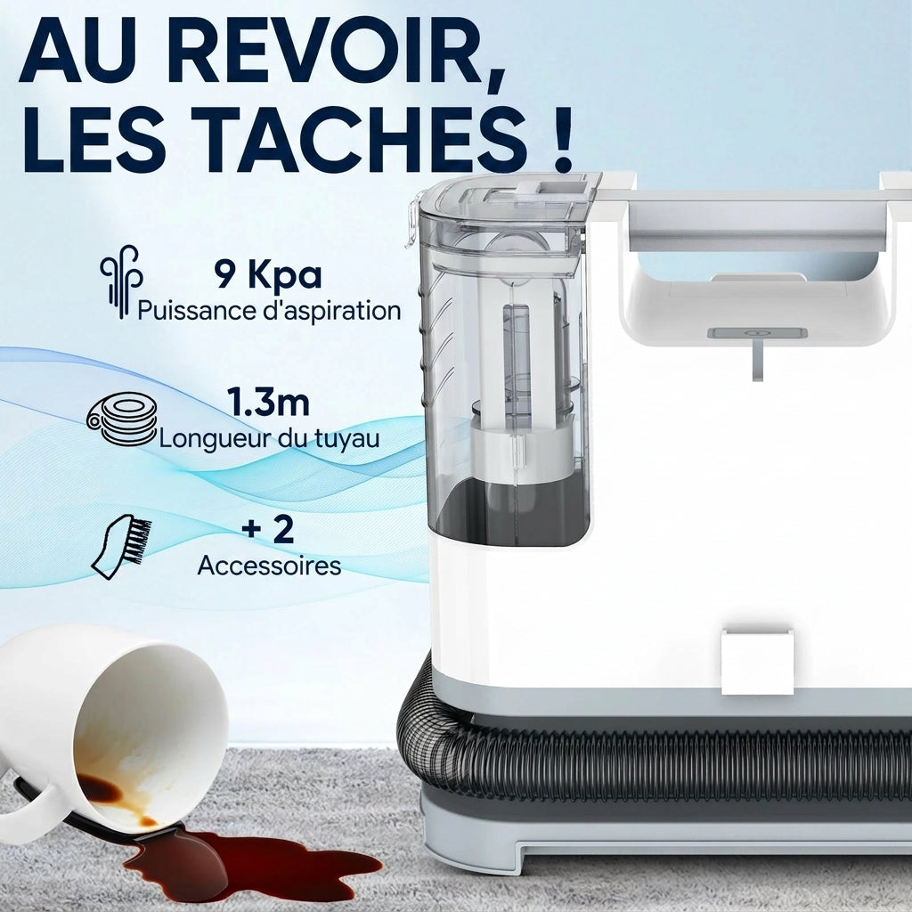 Shampouineuse  Nettoyeur taches tissus 9kPa injecteur extracteur canapé tapis auto